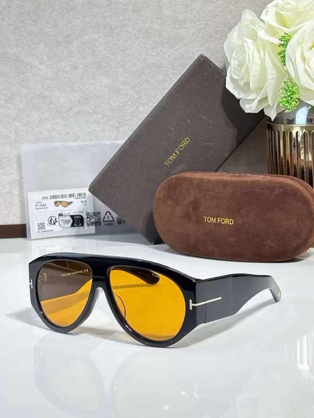 Tom Ford Black Frames with Amber Lenses Men’s Sunglasses